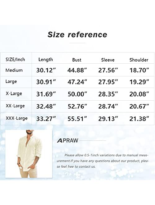 APRAW Mens Linen Button Down Shirts Long Sleeves Summer Beach Casual Regular Fit Shirt Tops