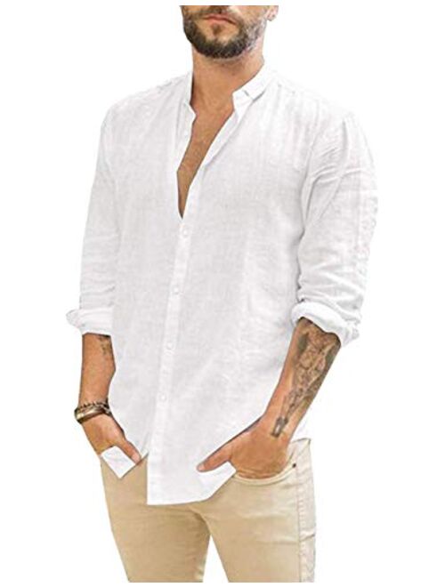 APRAW Mens Linen Button Down Shirts Long Sleeves Summer Beach Casual Regular Fit Shirt Tops