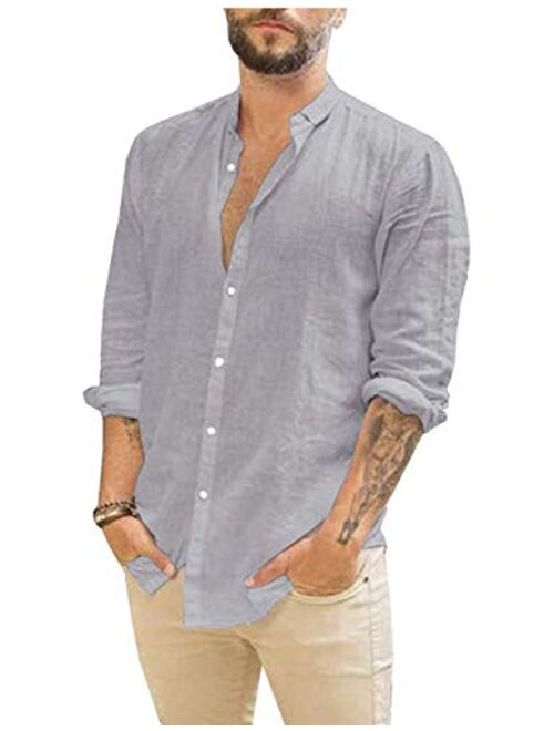 APRAW Mens Linen Button Down Shirts Long Sleeves Summer Beach Casual Regular Fit Shirt Tops