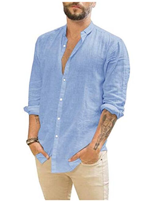 APRAW Mens Linen Button Down Shirts Long Sleeves Summer Beach Casual Regular Fit Shirt Tops