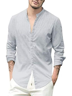 JEKAOYI Mens Long Sleeve Casual Cotton Linen Shirts Buttons Down Summer Solid Plain Beach Yoga T Shirts