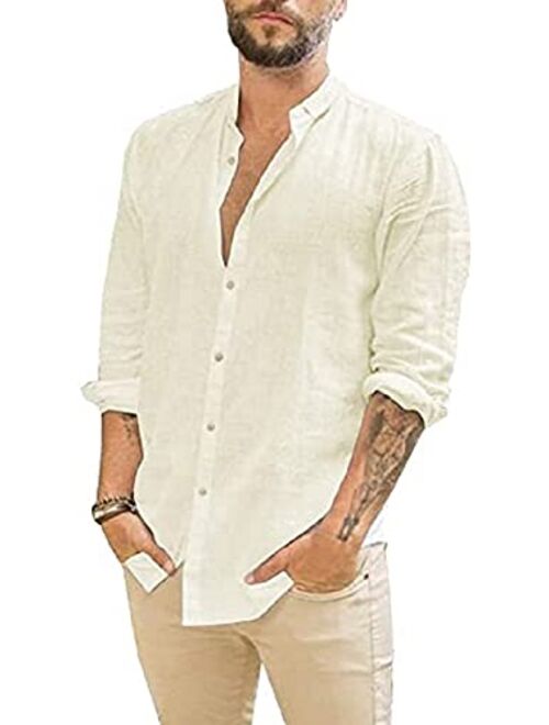 JEKAOYI Mens Long Sleeve Casual Cotton Linen Shirts Buttons Down Summer Solid Plain Beach Yoga T Shirts