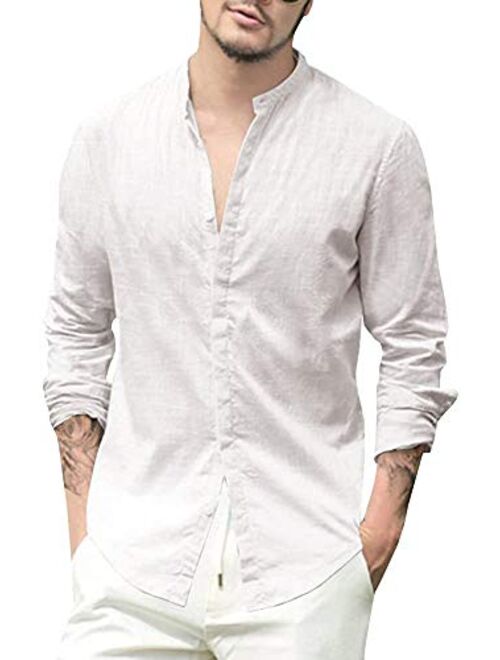 JEKAOYI Mens Long Sleeve Casual Cotton Linen Shirts Buttons Down Summer Solid Plain Beach Yoga T Shirts