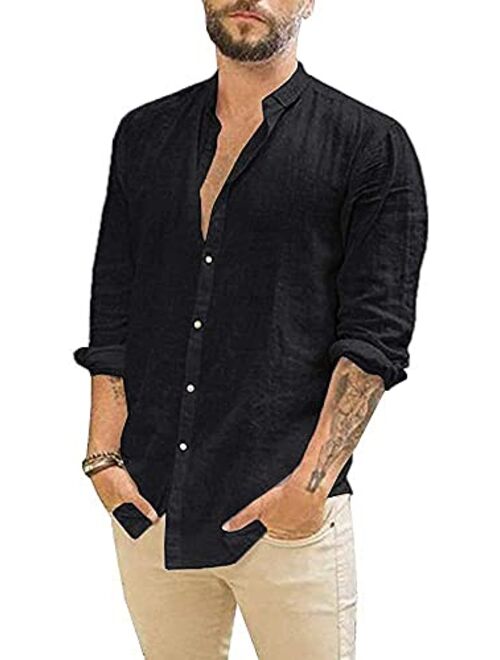 JEKAOYI Mens Long Sleeve Casual Cotton Linen Shirts Buttons Down Summer Solid Plain Beach Yoga T Shirts