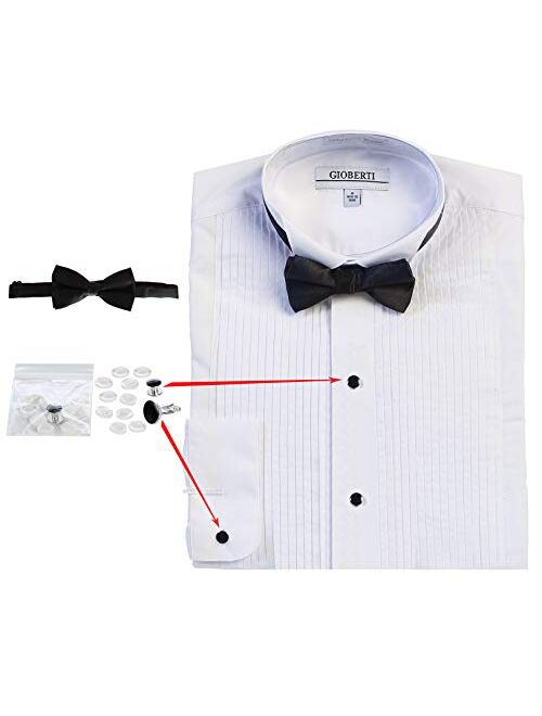 Gioberti Men's Wing Tip Collar White Tuxedo Dress Shirt with Bow Tie