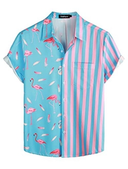 VATPAVE Mens Hawaiian Flamingo Shirts Casual Short Sleeve Button Down Shirt Summer Shirts