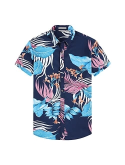 Damipow Hawaiian Shirts for Men Short Sleeve Aloha Beach Shirt Floral Summer Casual Button Down Shirts