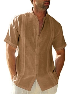 Hestenve Mens Short Sleeve Cuban Camp Guayabera Shirt Linen Cotton Hippie Beach Button Down Shirts