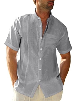 Hestenve Mens Short Sleeve Cuban Camp Guayabera Shirt Linen Cotton Hippie Beach Button Down Shirts