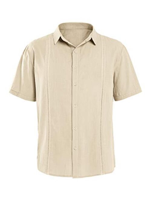 Hestenve Mens Short Sleeve Cuban Camp Guayabera Shirt Linen Cotton Hippie Beach Button Down Shirts