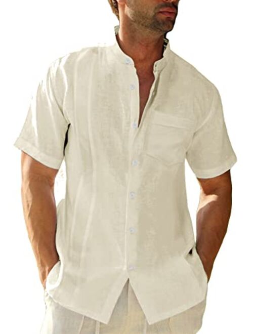 Hestenve Mens Short Sleeve Cuban Camp Guayabera Shirt Linen Cotton Hippie Beach Button Down Shirts