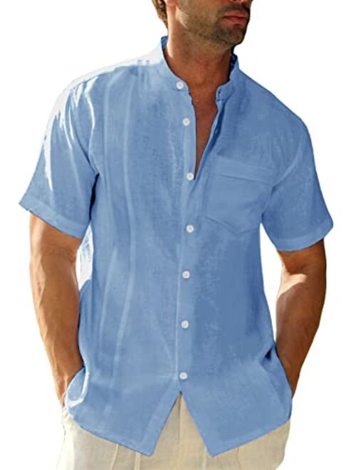 Hestenve Mens Short Sleeve Cuban Camp Guayabera Shirt Linen Cotton Hippie Beach Button Down Shirts