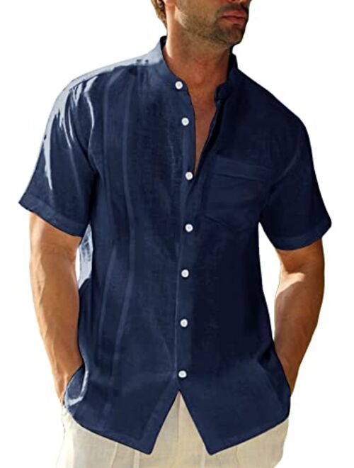 Hestenve Mens Short Sleeve Cuban Camp Guayabera Shirt Linen Cotton Hippie Beach Button Down Shirts