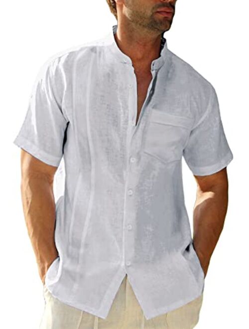 Hestenve Mens Short Sleeve Cuban Camp Guayabera Shirt Linen Cotton Hippie Beach Button Down Shirts