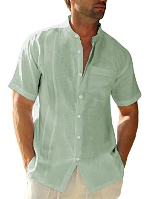 Hestenve Mens Short Sleeve Cuban Camp Guayabera Shirt Linen Cotton Hippie Beach Button Down Shirts