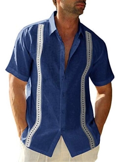 Ryannology Men'sGuayaberaShirtsCasualButtonDownShortSleeveLinenCottonCubanCampBeachCollaredSolidShirtTops