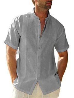 Ryannology Men'sGuayaberaShirtsCasualButtonDownShortSleeveLinenCottonCubanCampBeachCollaredSolidShirtTops