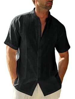 Ryannology Men'sGuayaberaShirtsCasualButtonDownShortSleeveLinenCottonCubanCampBeachCollaredSolidShirtTops