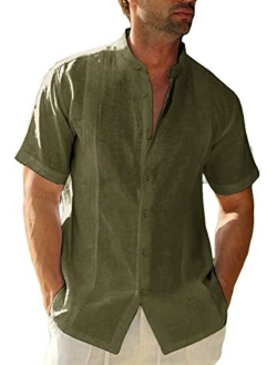 Ryannology Men'sGuayaberaShirtsCasualButtonDownShortSleeveLinenCottonCubanCampBeachCollaredSolidShirtTops