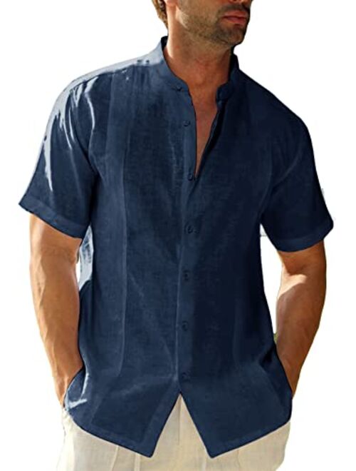 Ryannology Men'sGuayaberaShirtsCasualButtonDownShortSleeveLinenCottonCubanCampBeachCollaredSolidShirtTops