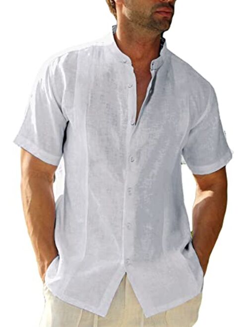 Ryannology Men'sGuayaberaShirtsCasualButtonDownShortSleeveLinenCottonCubanCampBeachCollaredSolidShirtTops