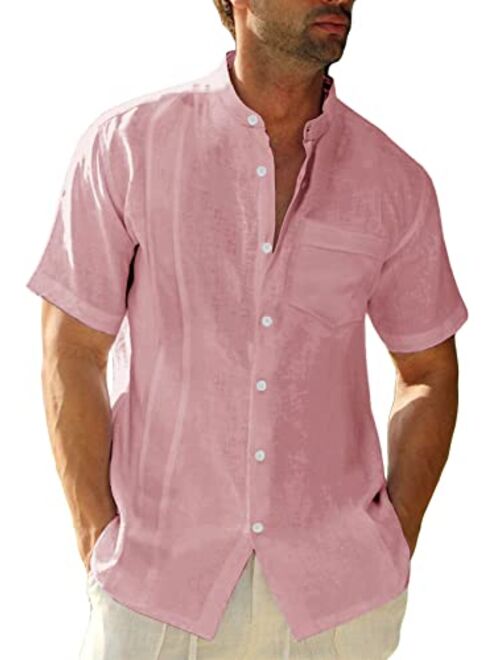 Ryannology Men'sGuayaberaShirtsCasualButtonDownShortSleeveLinenCottonCubanCampBeachCollaredSolidShirtTops