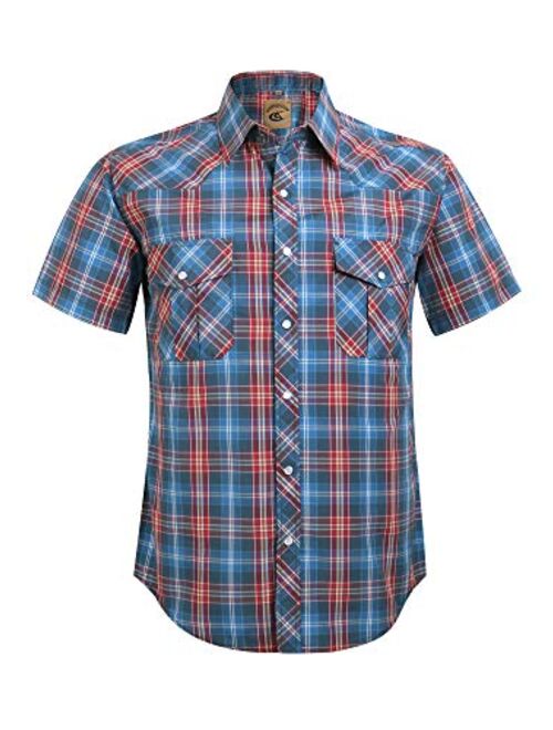 COEVALS CLUB Men's Western Cowboy Short Sleeve Pearl Snap Casual Plaid Work Shirts