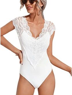 Women's Elegant Floral Lace Sleevelss V Neck Skinny Bodysuit Leotard Top