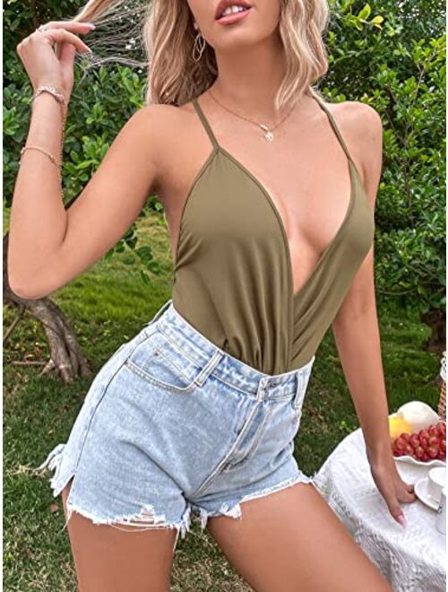 Milumia Women's Deep V Neck Criss Cross Backless Sleeveless Bodysuit Summer Cami Tops