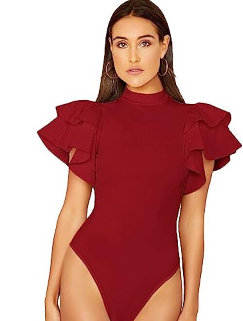 SOLY HUX Women's Mock Neck Ruffle Butterfly Sleeve Skinny Bodysuit