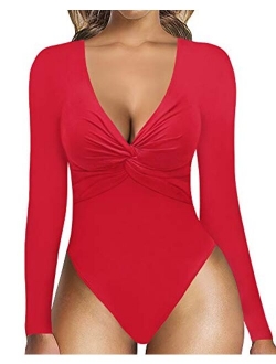 MANGOPOP Women's Plunge Deep V Neck Twist Knot Front Slim Fit Long Sleeve Shirt Tops Bodysuit Jumpsuit