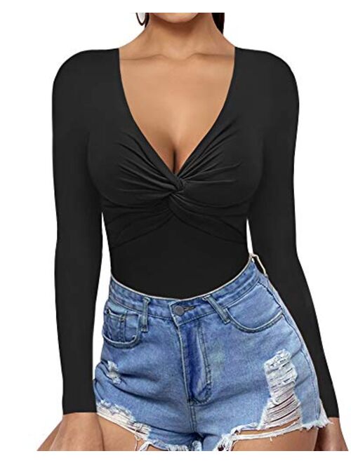 MANGOPOP Women's Plunge Deep V Neck Twist Knot Front Slim Fit Long Sleeve Shirt Tops Bodysuit Jumpsuit