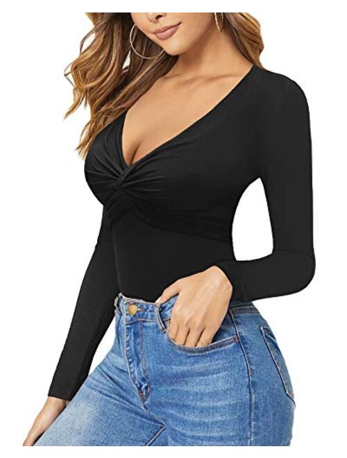 MANGOPOP Women's Plunge Deep V Neck Twist Knot Front Slim Fit Long Sleeve Shirt Tops Bodysuit Jumpsuit