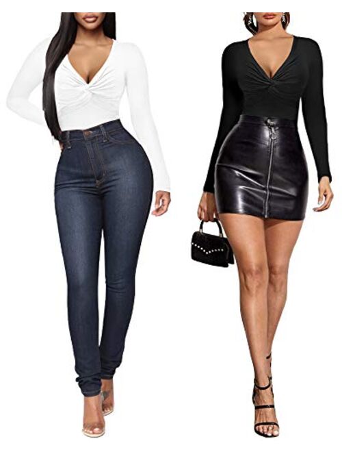 MANGOPOP Women's Plunge Deep V Neck Twist Knot Front Slim Fit Long Sleeve Shirt Tops Bodysuit Jumpsuit