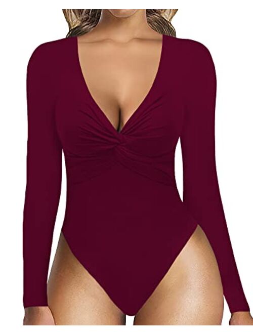 MANGOPOP Women's Plunge Deep V Neck Twist Knot Front Slim Fit Long Sleeve Shirt Tops Bodysuit Jumpsuit