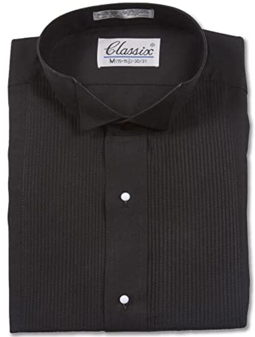 OmegaTux Mens Wing Collar Tuxedo Shirt with Bowtie, 1/8" Pleat & Convertible Cuffs