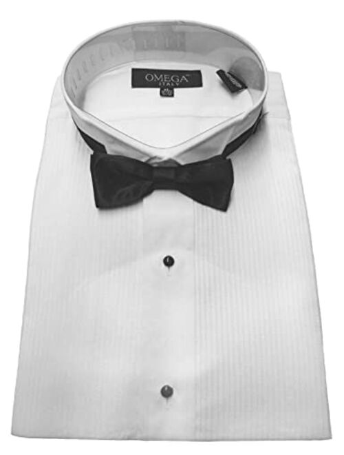 OmegaTux Mens Wing Collar Tuxedo Shirt with Bowtie, 1/8" Pleat & Convertible Cuffs