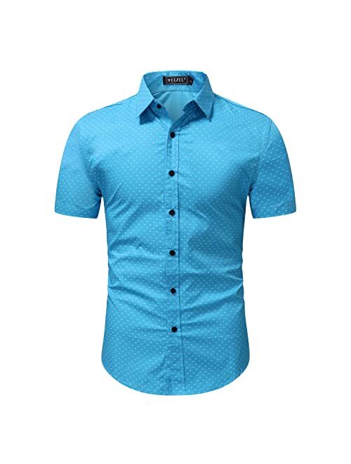 WULFUL Men's Casual Short Sleeve Button Down Shirt Printed Cotton Business Dress Shirts