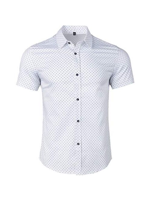 WULFUL Men's Casual Short Sleeve Button Down Shirt Printed Cotton Business Dress Shirts