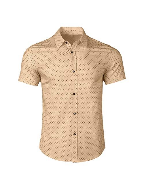 WULFUL Men's Casual Short Sleeve Button Down Shirt Printed Cotton Business Dress Shirts