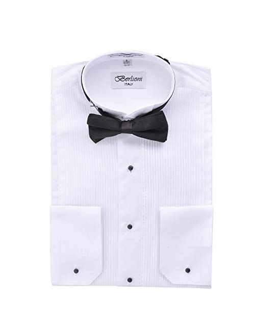 Berlioni Mens Long Sleeve Tuxedo Dress Shirt Bow Tie French Convertible Cuffs