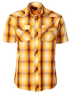 Men's Short Sleeve Plaid Western Shirt W/Pearl Snap-on Buttons