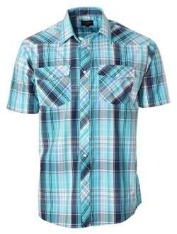 Men's Short Sleeve Plaid Western Shirt W/Pearl Snap-on Buttons