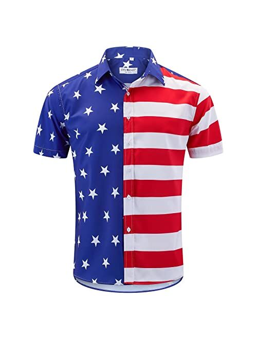 ENVMENST Men's American Flag Button Down Shirts Casual Short Sleeve Patriotic Hawaiian Shirt