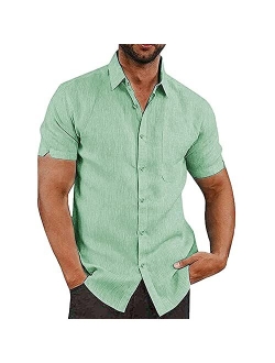 AKEFUN Men's Casual Summer Button Down Linen Shirts Short Sleeve Cotton Beach Tops with Pocket