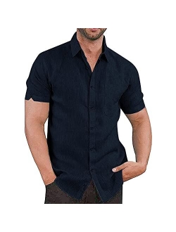 AKEFUN Men's Casual Summer Button Down Linen Shirts Short Sleeve Cotton Beach Tops with Pocket