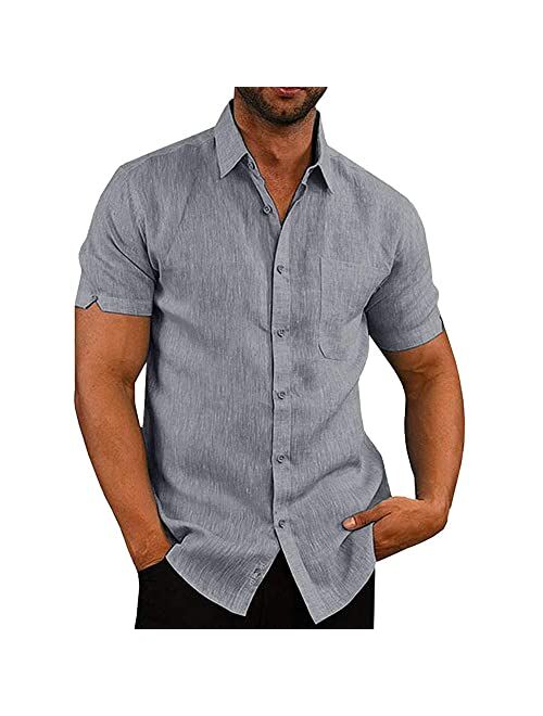 AKEFUN Men's Casual Summer Button Down Linen Shirts Short Sleeve Cotton Beach Tops with Pocket