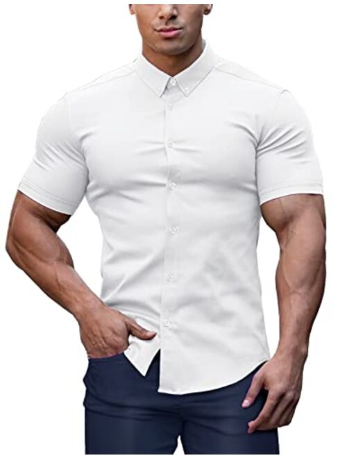 URRU Men's Muscle Dress Shirts Slim Fit Stretch Short Sleeve Casual Button Down Shirt