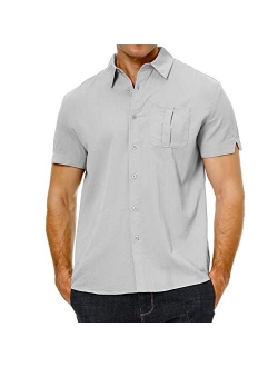 Jirushi Men's Casual Linen Button-Down Short Sleeve Shirts Summer Cotton Beach Shirts with Pockets