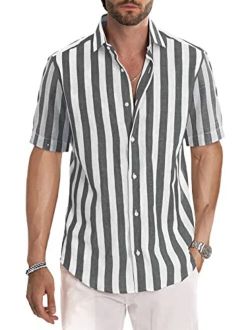JMIERR Men's Casual Short Sleeve Button-Up Striped Dress Shirts Cotton Shirt